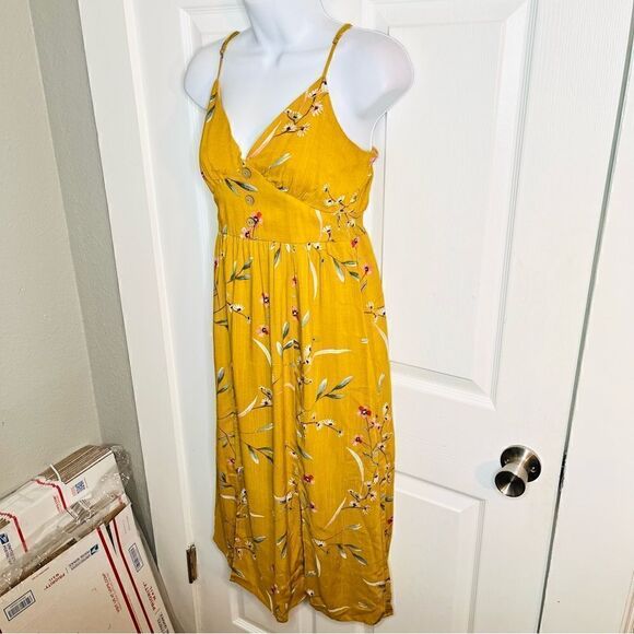 One Clothing Los Angeles Button Front Smocked Floral Midi Dress Mustard Yellow S - Picture 3 of 11
